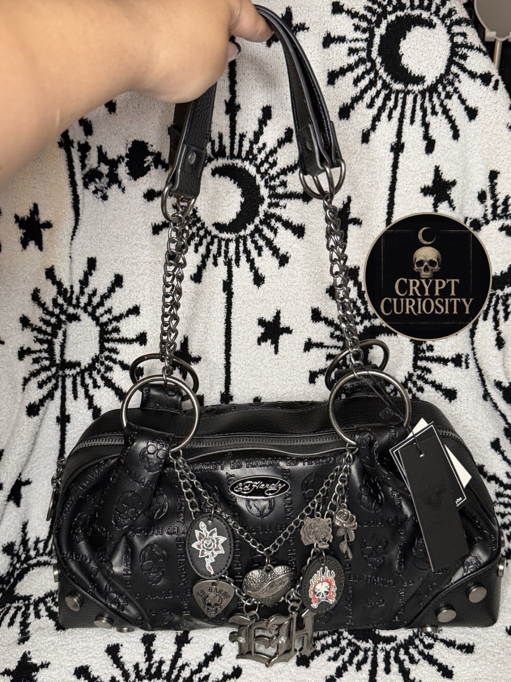 NWT Ed Hardy Black Embossed Skull Chunky Gothic Charm Bag